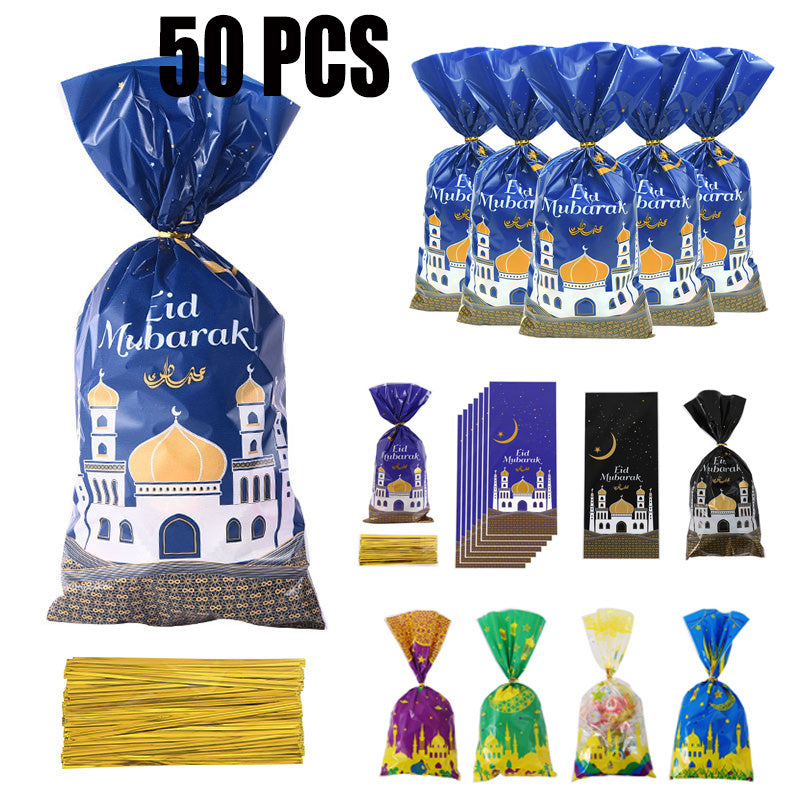 50pcs Eid Mubarak Gift Bags Plastic OPP Candy Cookie Bag Ramadan Kareem Decorati