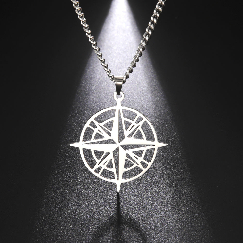 Compass Arrow Pendant Necklace Stainless Steel Men Women Travel Jewelry