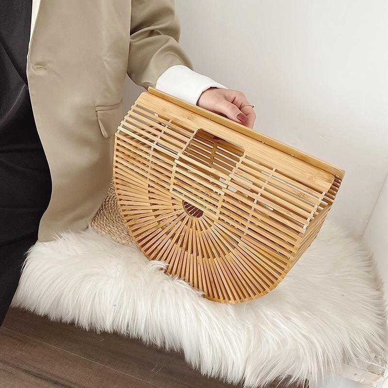 Bamboo Woven Bag Beach Bag Portable Semicircle Bag Clutch Handbag