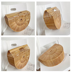Bamboo Woven Bag Beach Bag Portable Semicircle Bag Clutch Handbag