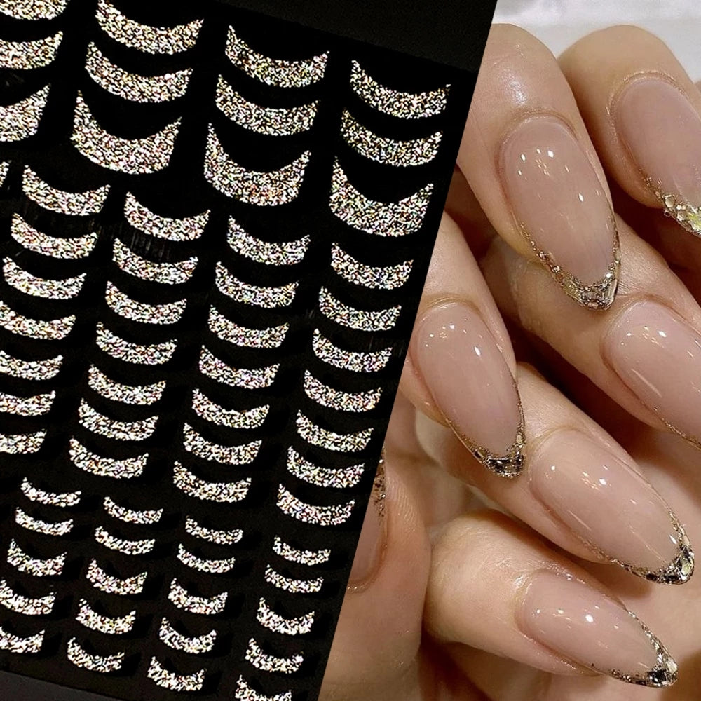 Glitter Golden French Nail Stickers Sparkly 3D Curve Stripe Nail Decals