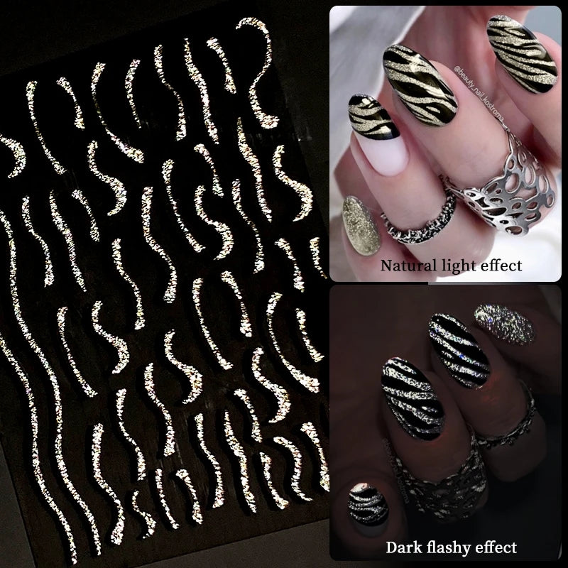Glitter Golden French Nail Stickers Sparkly 3D Curve Stripe Nail Decals