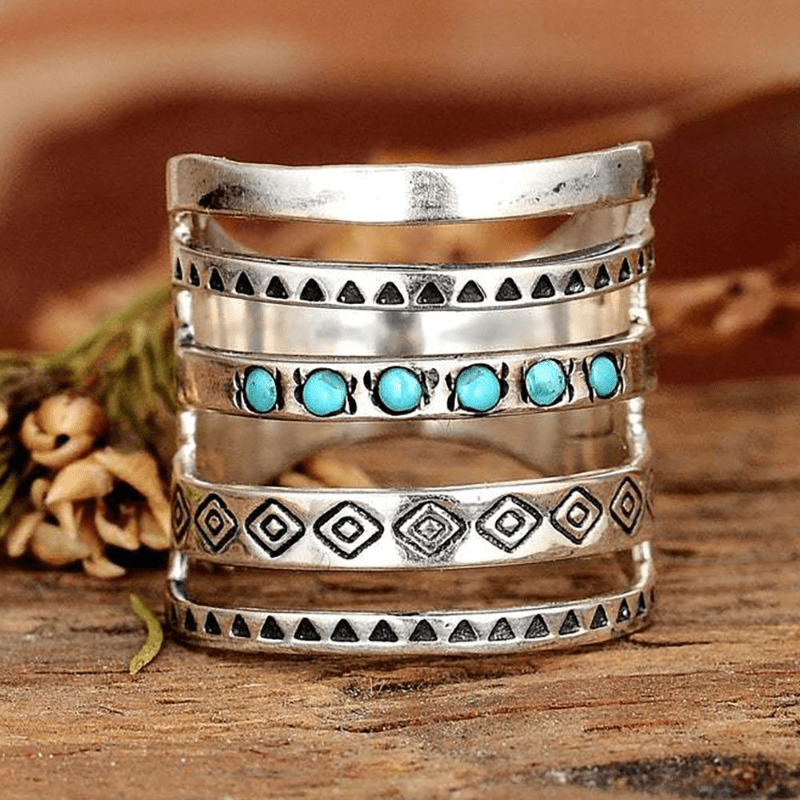 Vintage Wide Ring 925 Silver Plated Turquoise Inlaid Hollow Design