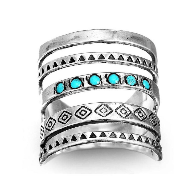 Vintage Wide Ring 925 Silver Plated Turquoise Inlaid Hollow Design