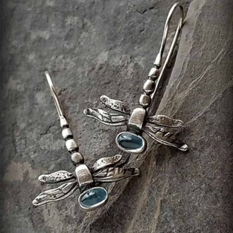 Vintage Dragonfly Stud Earrings with Oval Synthetic Gems for Party