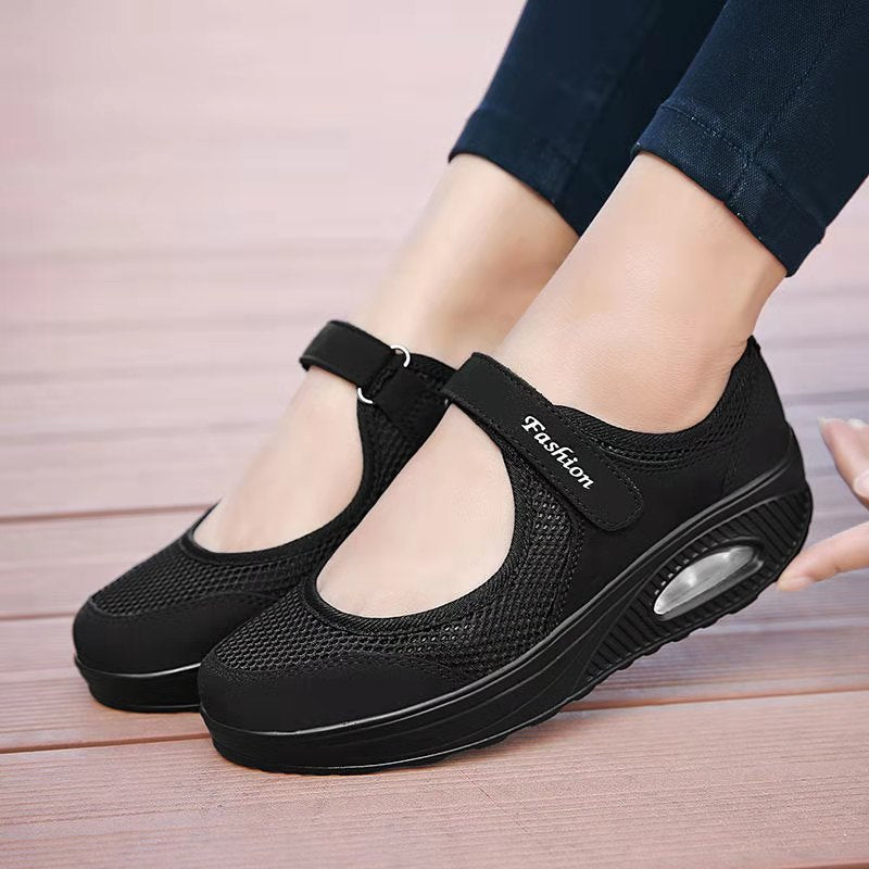 Mesh Backless Walking Shoes Air Cushion Hook & Loop Flat Shoes Women's