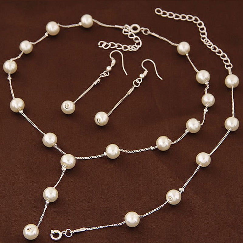 Faux Pearls Jewelry Set With Necklace Earrings Bracelet