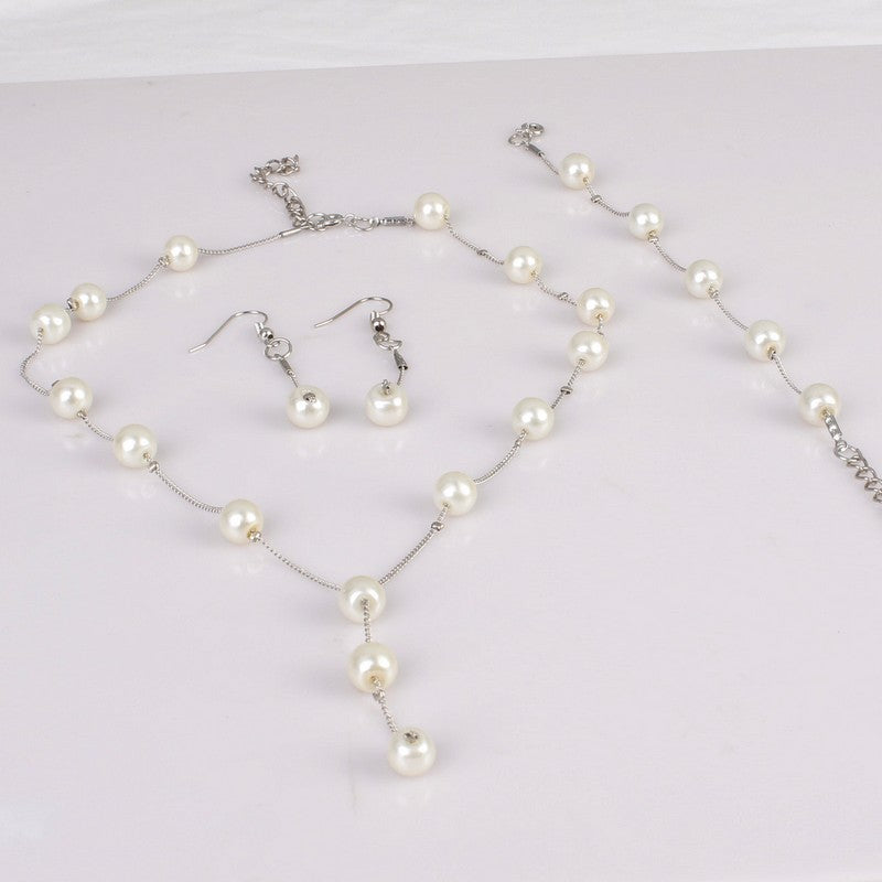 Faux Pearls Jewelry Set With Necklace Earrings Bracelet