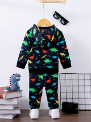 Colorful Dino Print Boy's 2pcs Sweatshirt & Sweatpants Set
