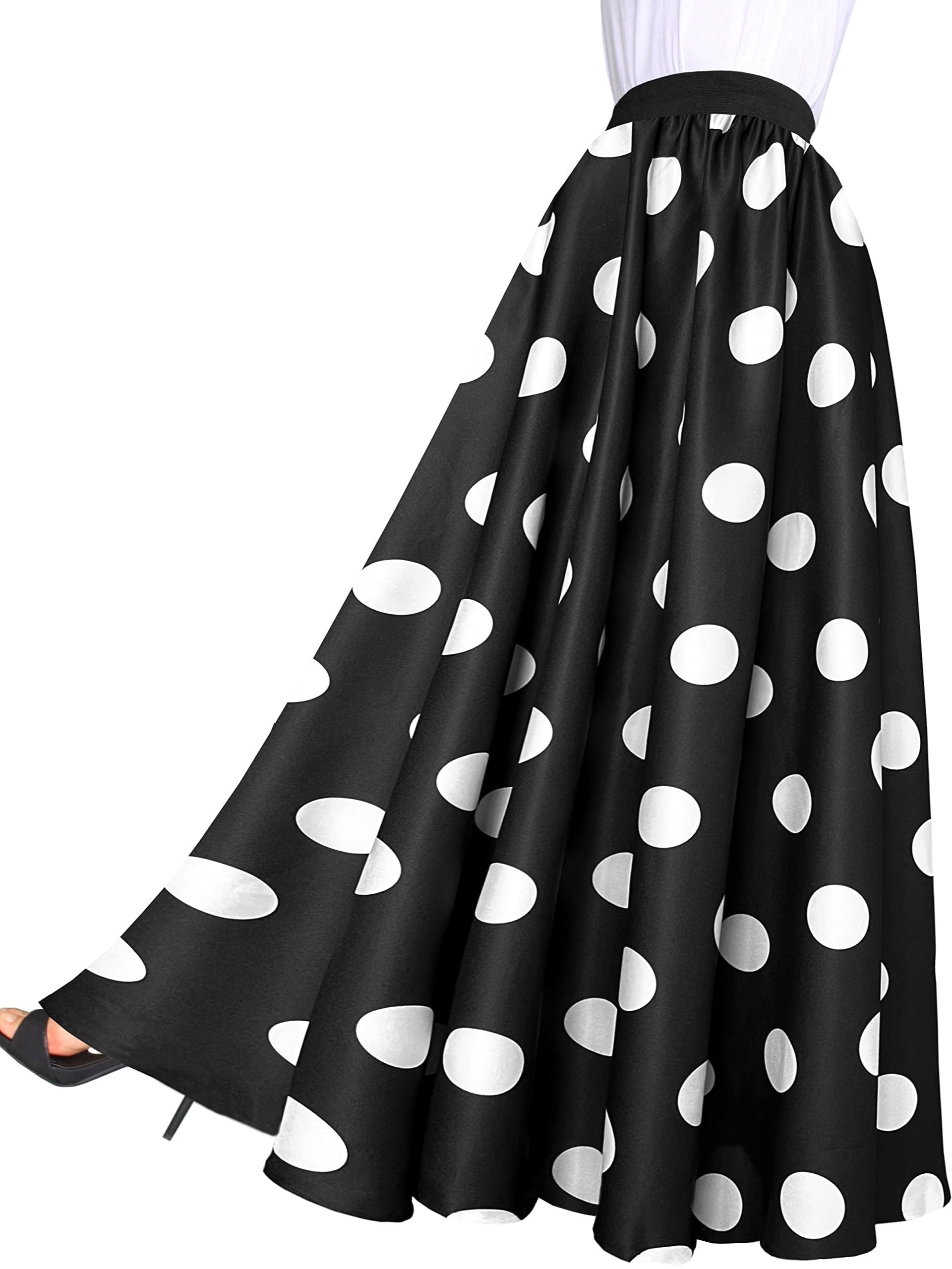  Polka Dot Print Elastic High Rise A line Maxi Skirt
