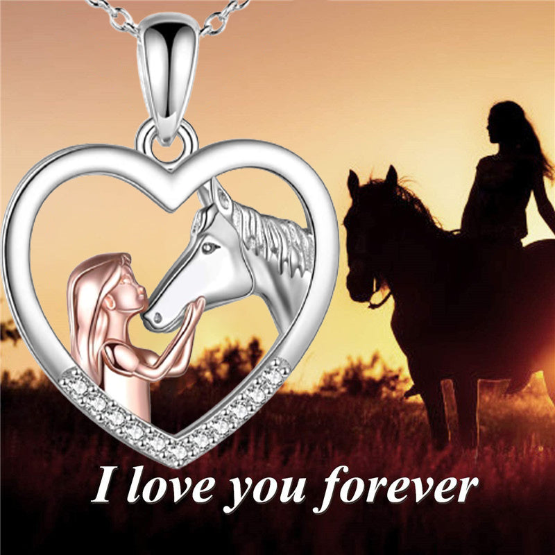 Girl And Horse Rhinestones Pendant Necklace Clavicle Chain