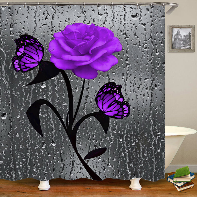 4pcs Purple Rose Pattern Shower Curtain Set with Non Slip Bathroom Rug