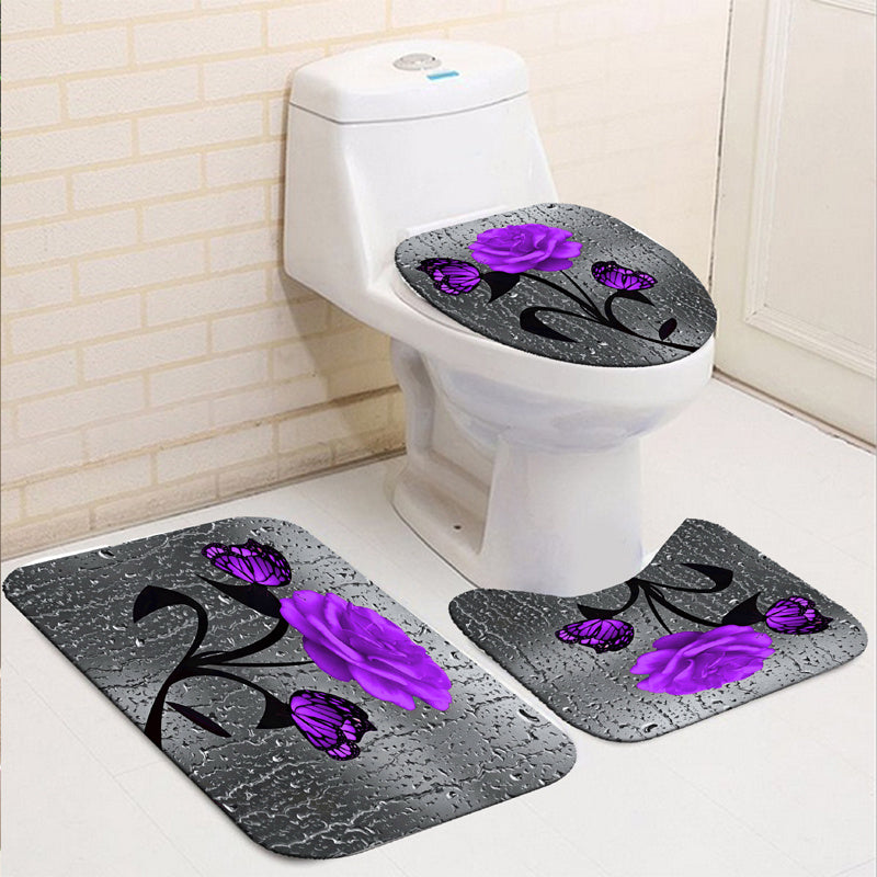 4pcs Purple Rose Pattern Shower Curtain Set with Non Slip Bathroom Rug