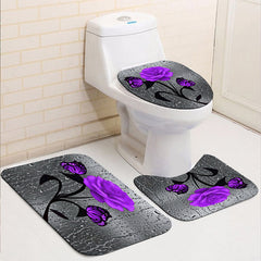 4pcs Purple Rose Pattern Shower Curtain Set with Non Slip Bathroom Rug