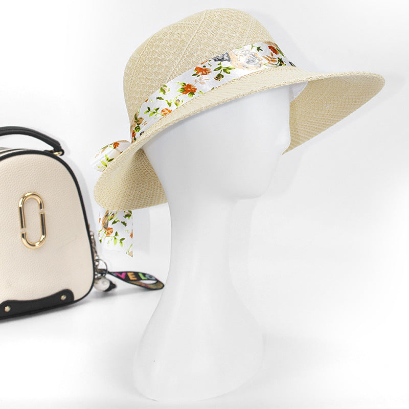 Straw Sun Hat Wide Brim Floral Ribbon Bucket Hat Solid Beach Hats