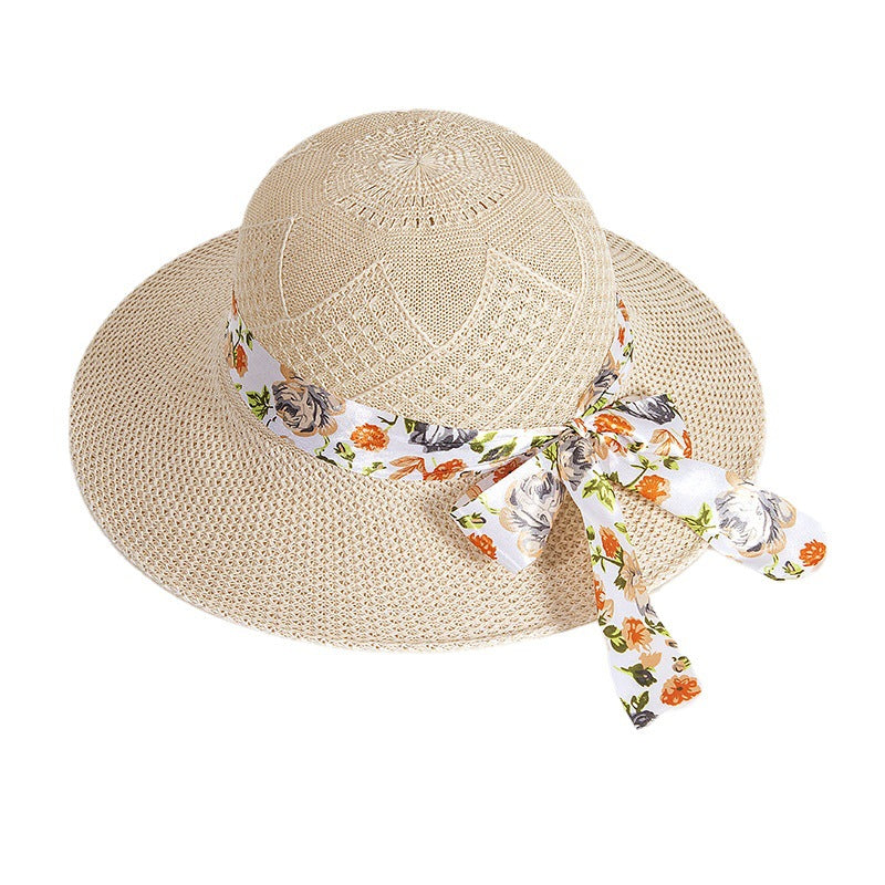 Straw Sun Hat Wide Brim Floral Ribbon Bucket Hat Solid Beach Hats
