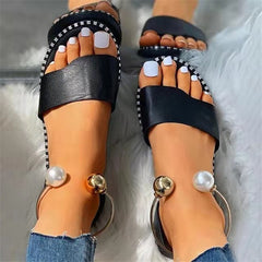 Women's Faux Pearl Ankle Strap Flat Sandals