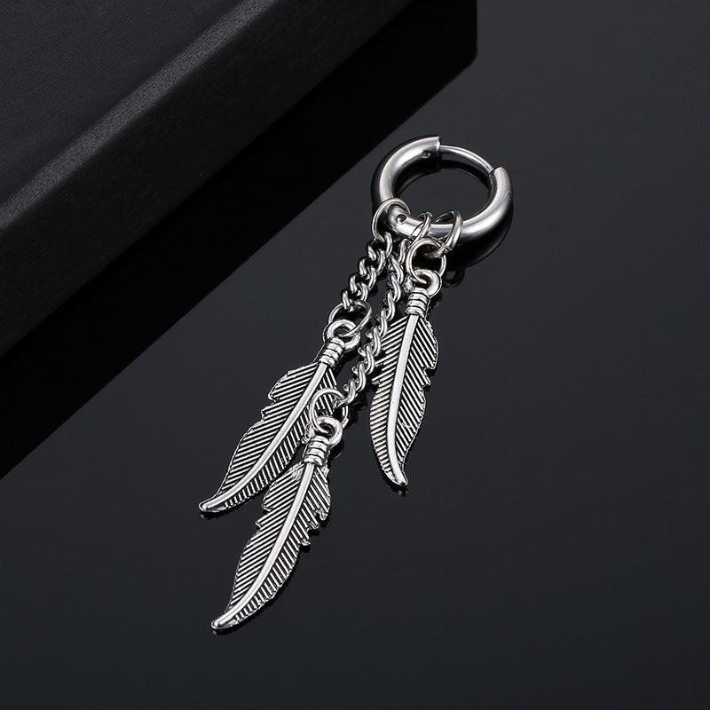 1pc Stainless Steel Feather Cross Pendant & Tassel Small Hoop Earring