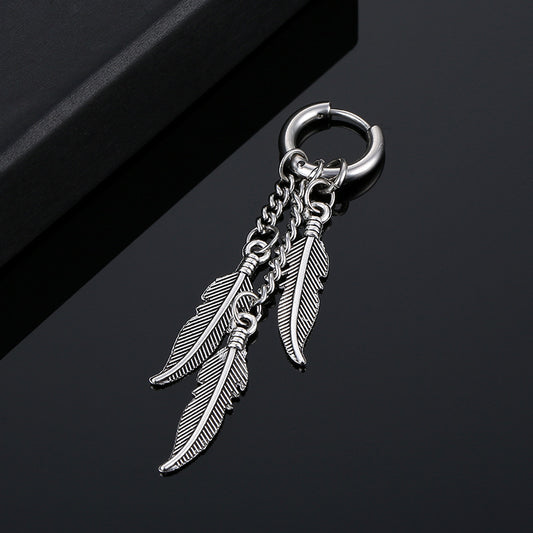 1pc Stainless Steel Feather Cross Pendant & Tassel Small Hoop Earring