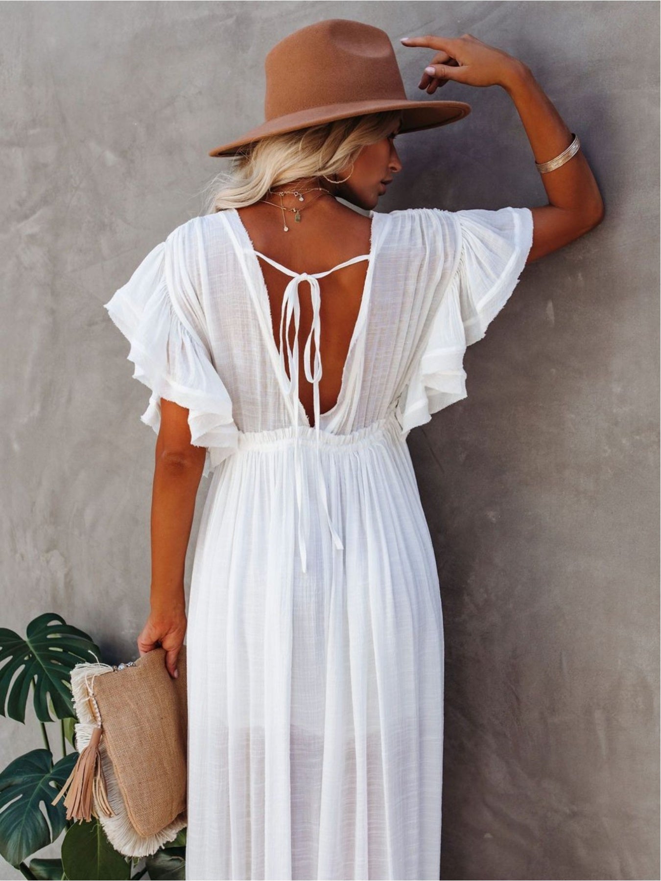Plunging Pleated Maxi Dress Beach Summer
