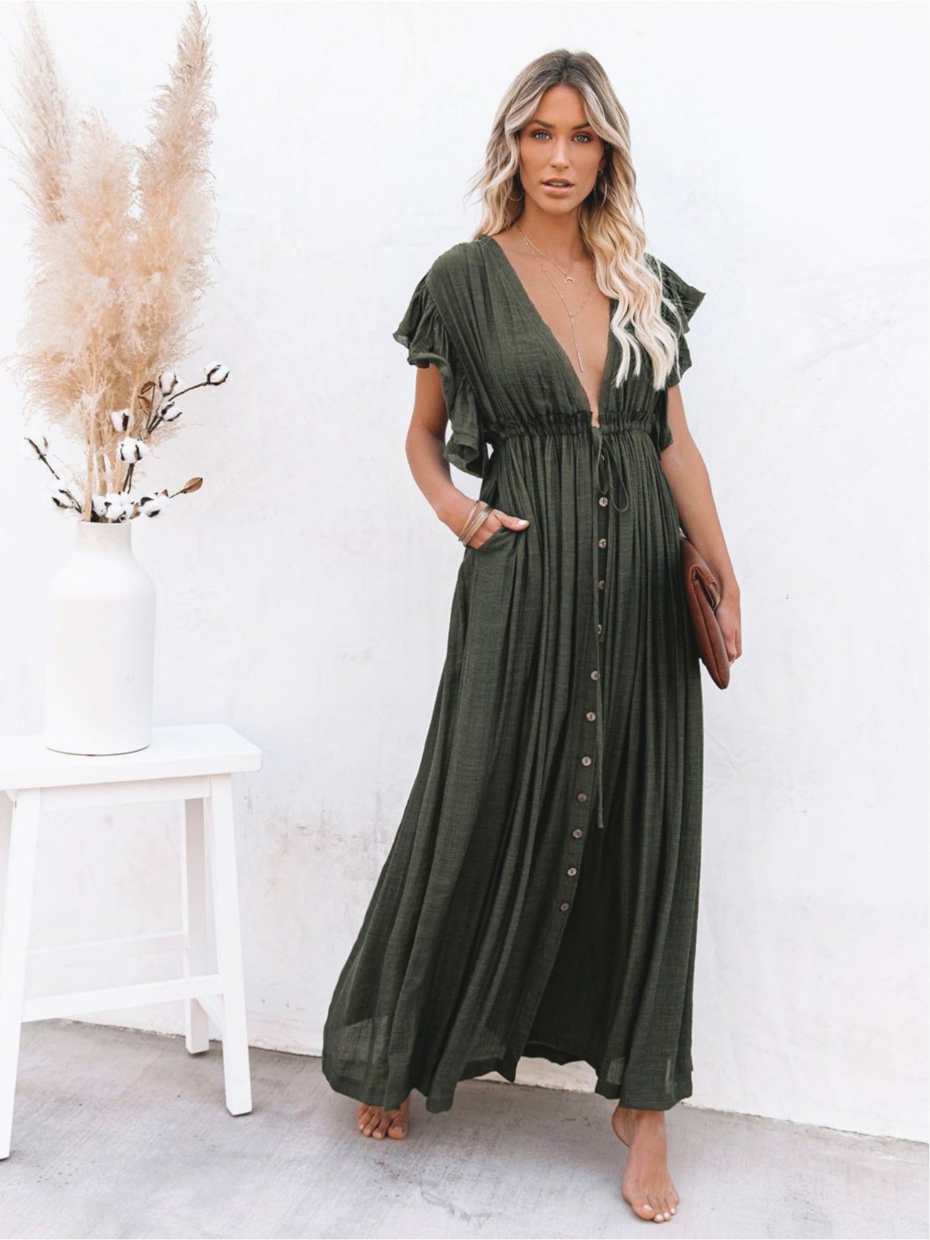 Plunging Pleated Maxi Dress Beach Summer
