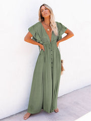 Plunging Pleated Maxi Dress Beach Summer