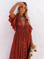 Plunging Pleated Maxi Dress Beach Summer