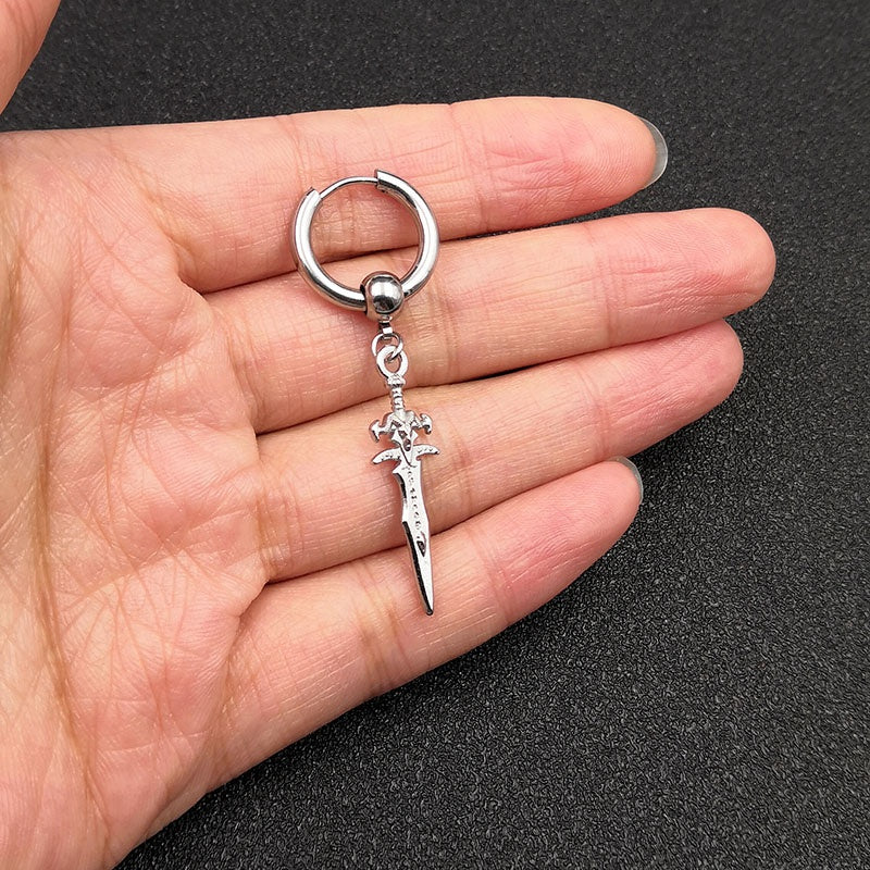 Punk Stainless Steel Stud Earrings with Sword Cross Pendant - 2pcs Pair