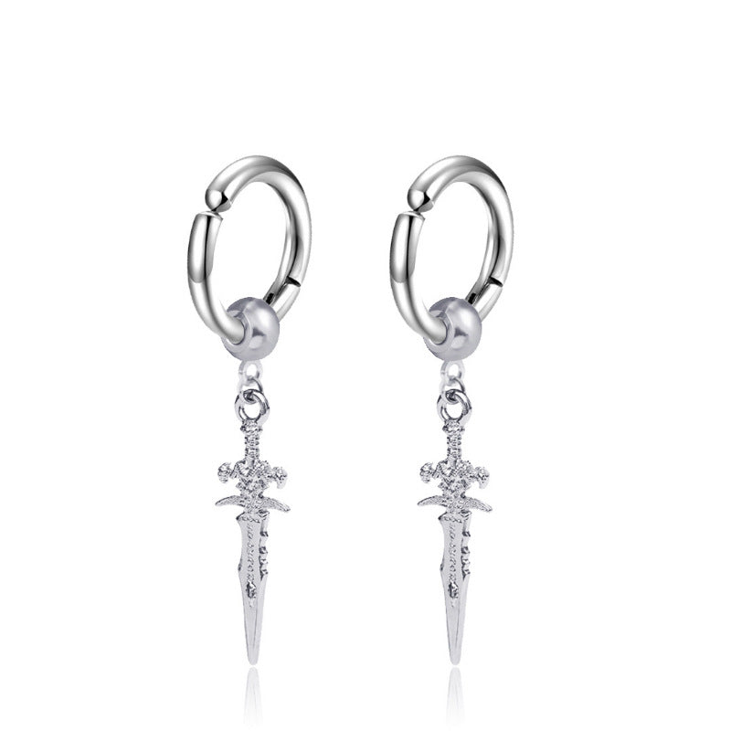Punk Stainless Steel Stud Earrings with Sword Cross Pendant - 2pcs Pair