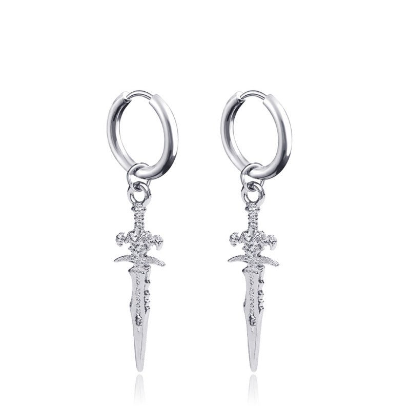 Punk Stainless Steel Stud Earrings with Sword Cross Pendant - 2pcs Pair