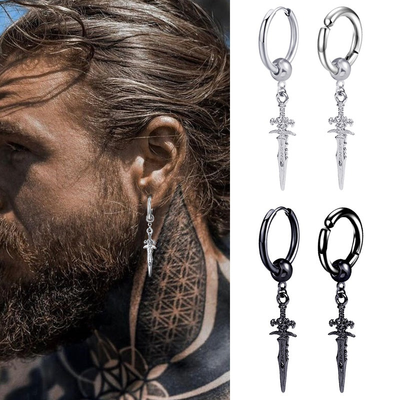Punk Stainless Steel Stud Earrings with Sword Cross Pendant - 2pcs Pair