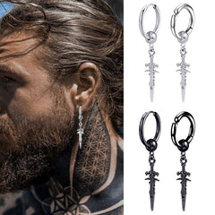Punk Stainless Steel Stud Earrings with Sword Cross Pendant - 2pcs Pair