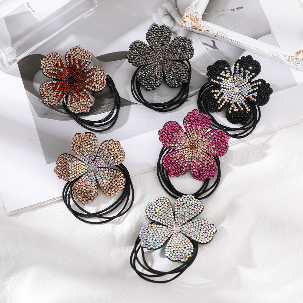 Flower Decor Hair Tie Non Slip Rhinestone Scrunchie Ponytail Holder