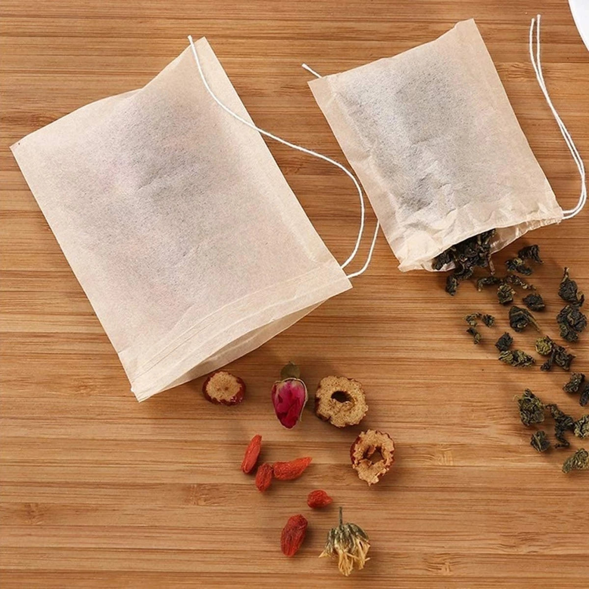 100pcs Biodegradable Tea Bags Natural Wood Pulp Empty Bag with Drawstring