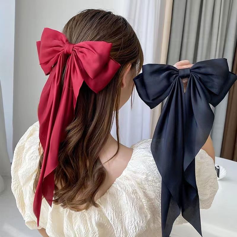 Large Red Hair Bow Silk Stain Hair Barrettes For Women