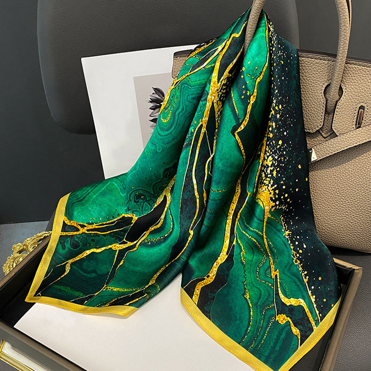 Dark Green River Print Neckerchief Vintage Silk Square Scarf Bandana