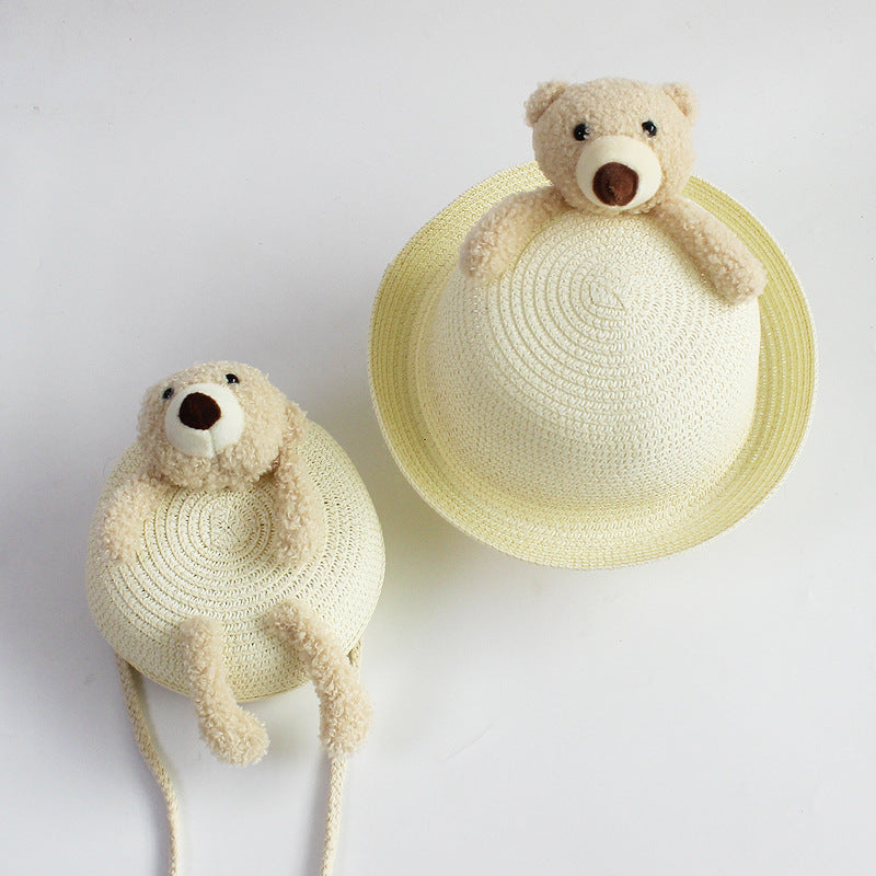 Kids' Cartoon Little Bear Grass Hat Large Brim Curly Sunscreen Hat