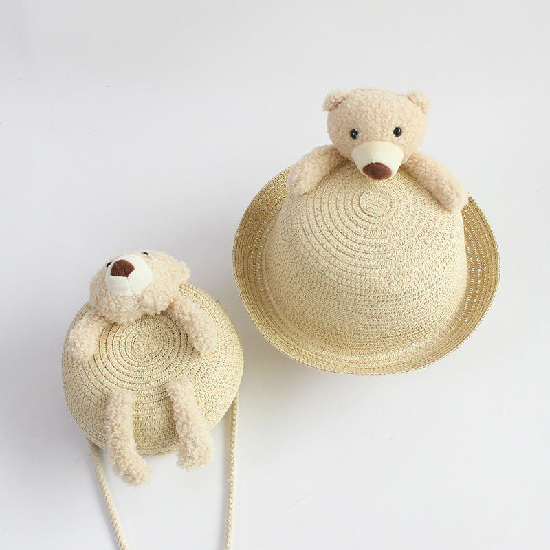 Kids' Cartoon Little Bear Grass Hat Large Brim Curly Sunscreen Hat
