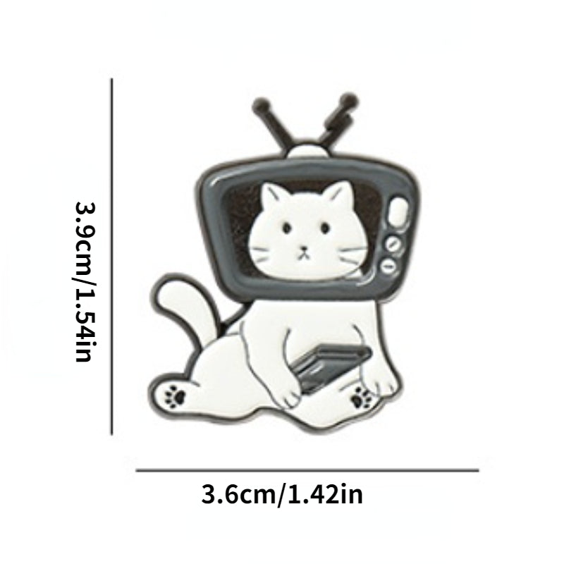 Cat Bear Head TV Box Enamel Pins Funny Animals Brooch