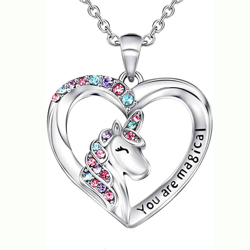 Zircon Unicorn Heart Pendant Necklace for Girls