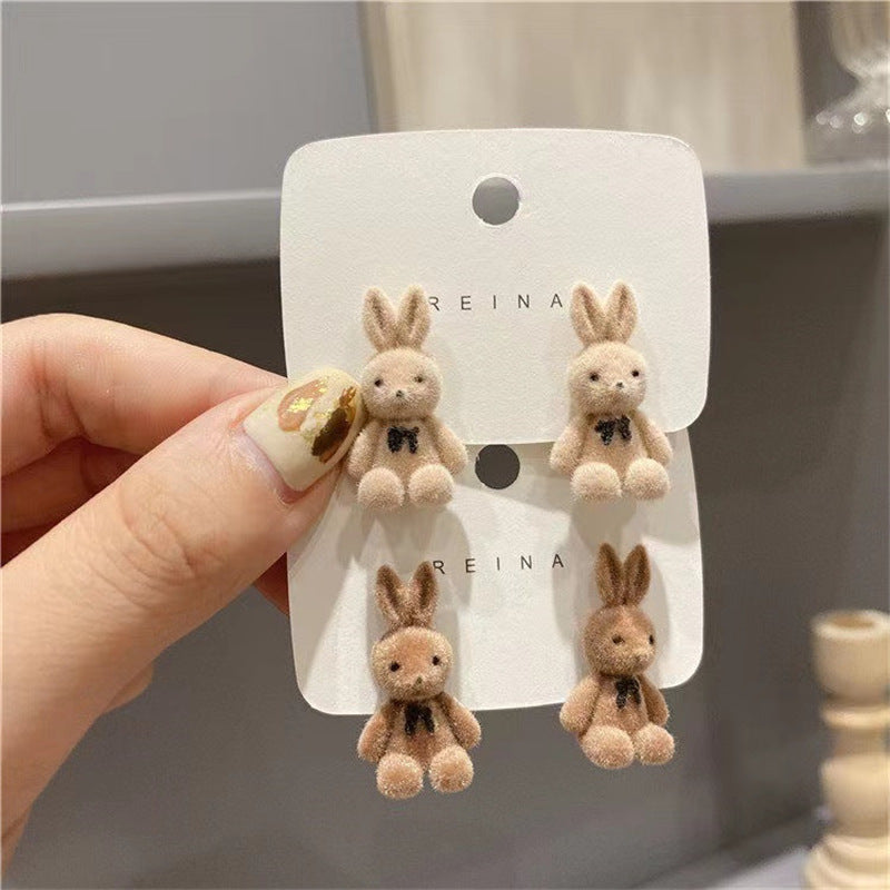 Cartoon Plush Rabbit Bear Stud Earrings for Girls