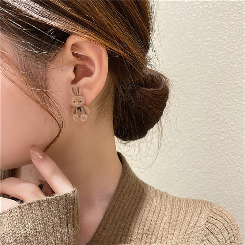 Cartoon Plush Rabbit Bear Stud Earrings for Girls