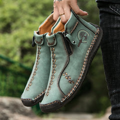 Men's Lace Boots Zipper Green High Top Shoes Outdoor Hiking
