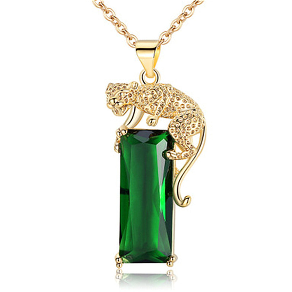 Leopard Inlaid Green Crystal Pendant Necklace Men's Party Jewelry