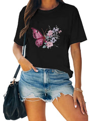 Flower & Butterfly Print Tee Round Neck Casual Sports Tee Women's Tops