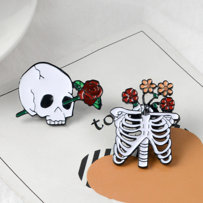 Skeleton Rose Brooch Enamel Pin Gothic Romantic Accessories
