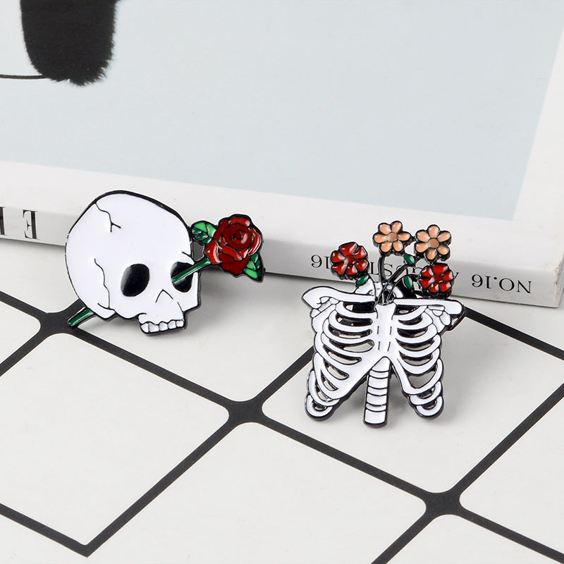 Skeleton Rose Brooch Enamel Pin Gothic Romantic Accessories