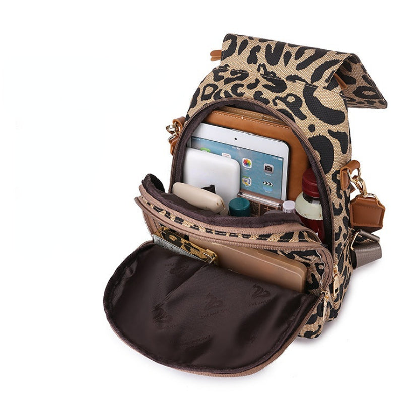 Leopard Flap Backpack Purse Women's Zipper Front Travel Daypack