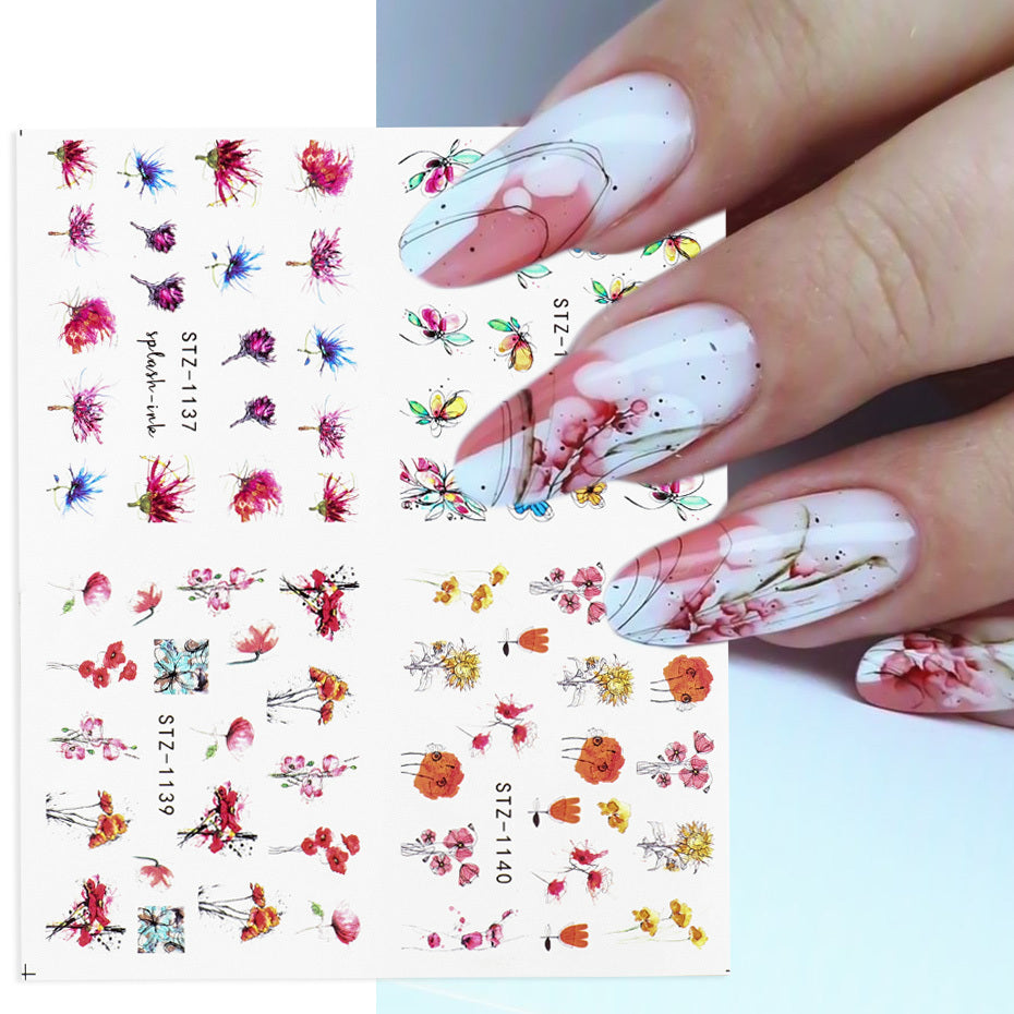Watercolor Flower Nail Stickers Abstract Leaf Tattoo Decals
