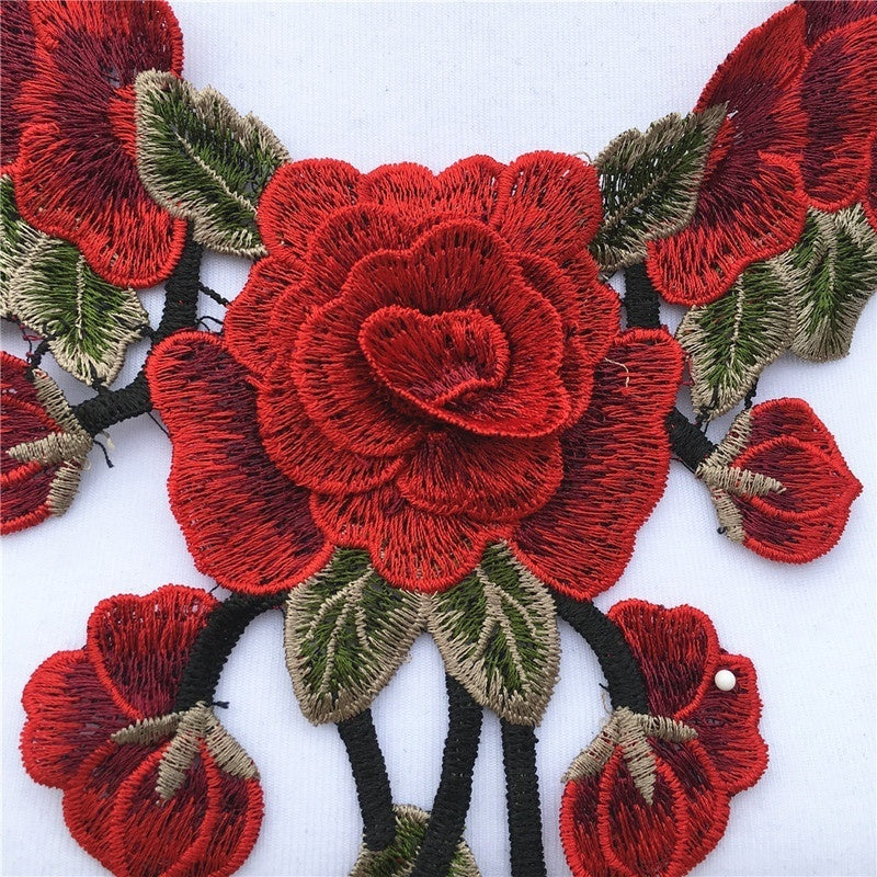 1Pc Red Flower Lace Fabric Dress Applique Motif Blouse Sewing Trims DIY Sewing